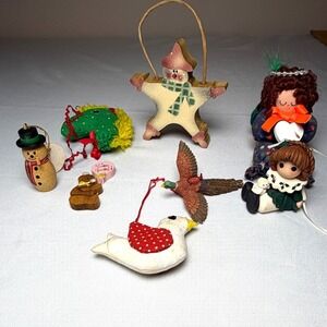 80s-90s Christmas Ornament and Country Decor Lot Primitive Folk Art Clay Resin